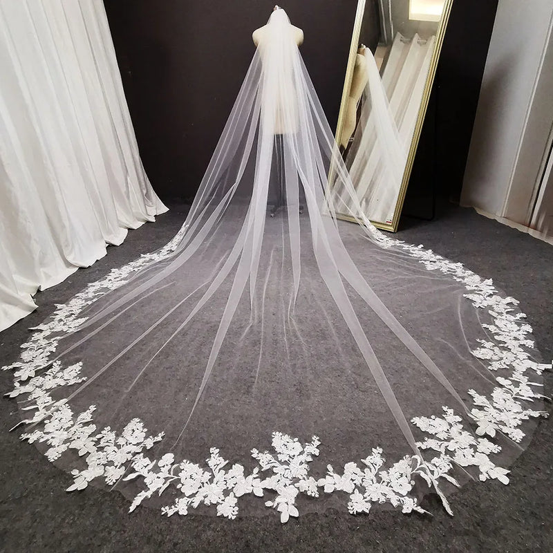 Long Lace Wedding Veil 3 Meters Long White Ivory Cathedral Bridal Veil with Comb Wedding Accessories Bride Headpieces - CRAVO ROSE