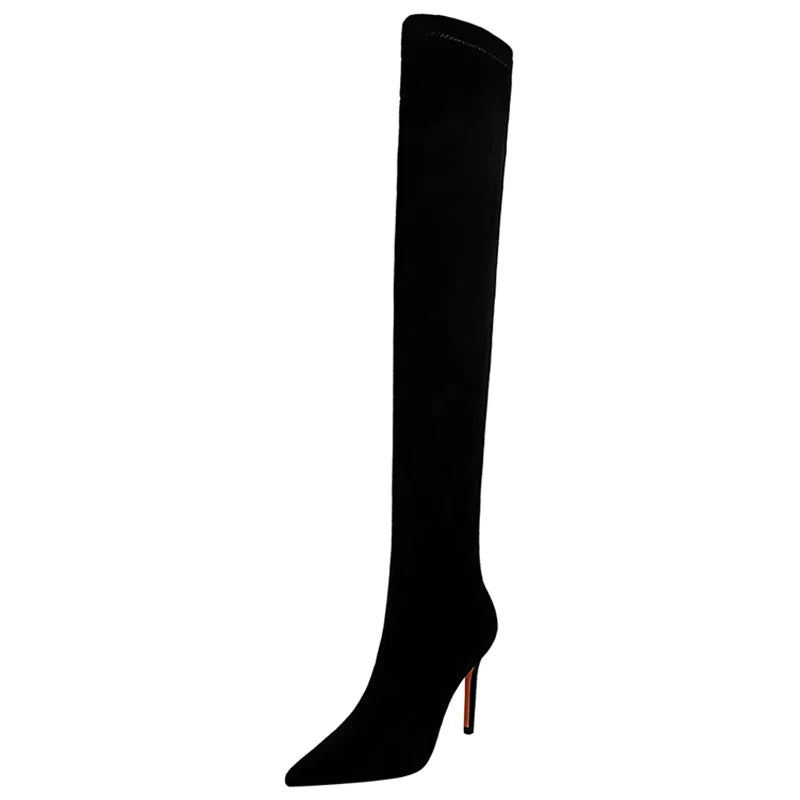 Botas BIGTREE de camurça sexy acima do joelho, pretas, de pelúcia, quentes, femininas, de inverno, finas, de salto alto, botas longas, plus size 42 43