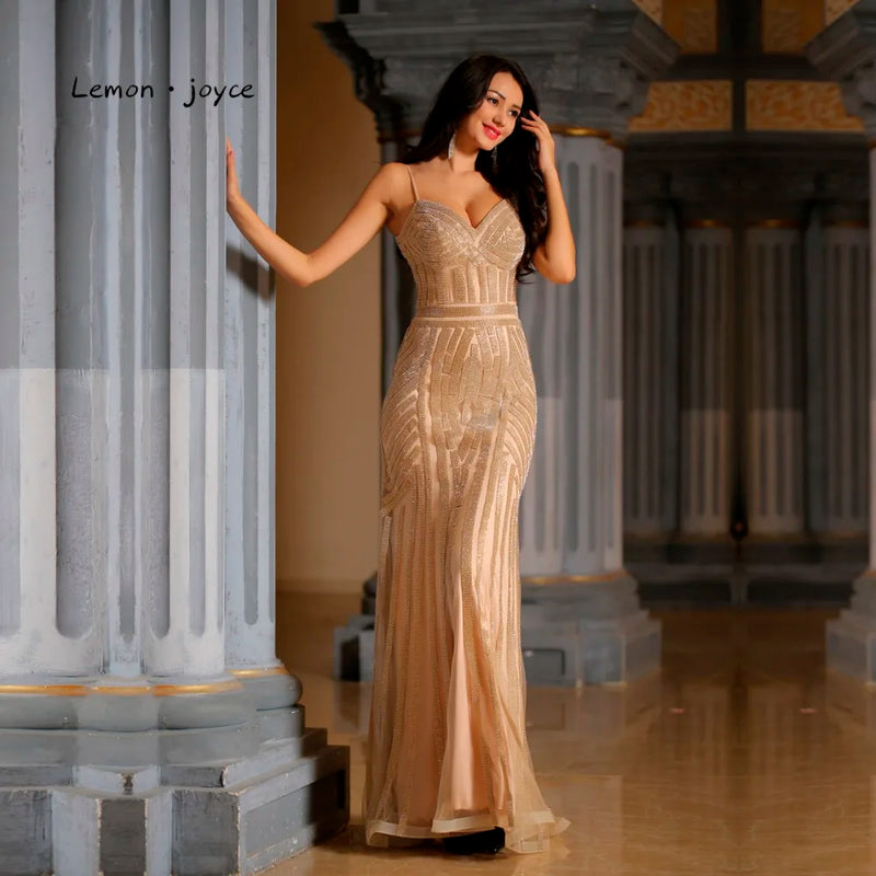 Lemon Joyce Champagne Evening Dresses Long 2023 Sexy V-neck Mermaid Evening Gown Party Dress Plus Size Robe De soiree - CRAVO ROSE