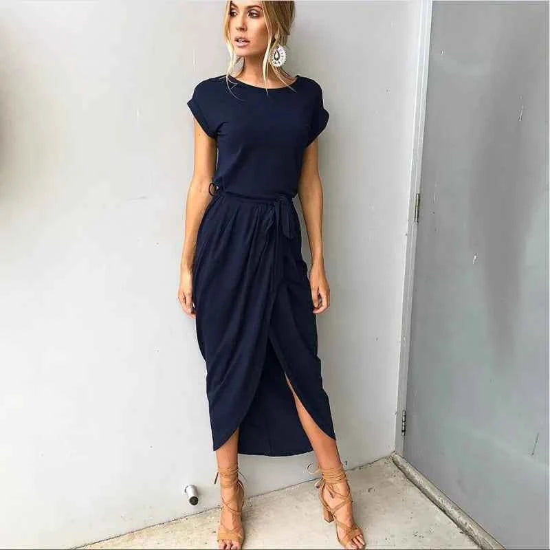 2023 Summer Beach Maxi Dress Women Floral Solid Short Sleeve Shirt Dress Casual Sexy Bandage Dress Robe Femme Vestidos Plus Size