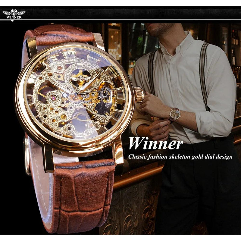 Winner Transparent Fashion Case Luxury Casual Design Leather Strap Mens Watches Top Brand Luxury Mechanical Skeleton Watch - CRAVO ROSE