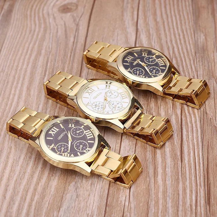 2024 New Brand 3 Eyes Gold Geneva Casual Quartz Watch Women Stainless Steel Dress Watches Relogio Feminino Ladies Clock Hot Sale - CRAVO ROSE