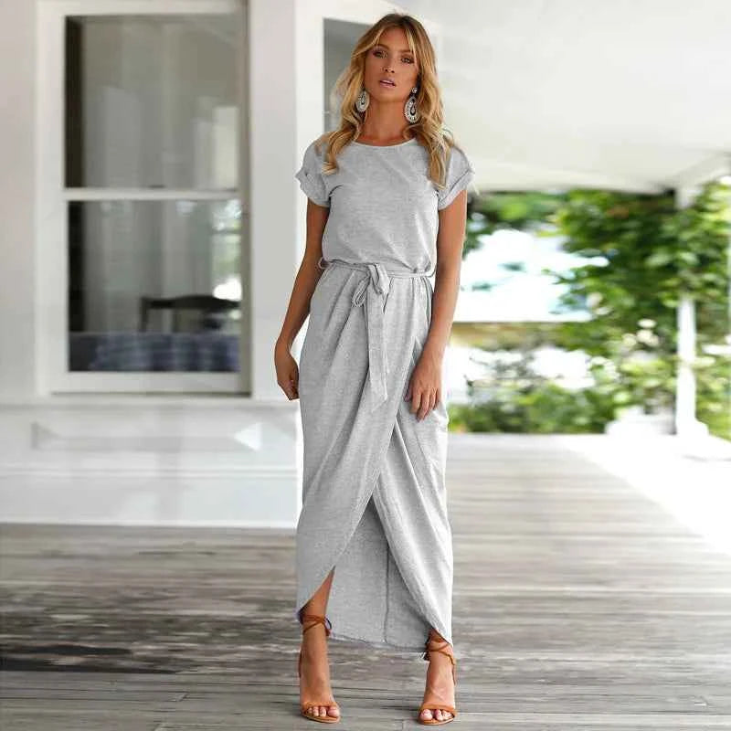 2023 Summer Beach Maxi Dress Women Floral Solid Short Sleeve Shirt Dress Casual Sexy Bandage Dress Robe Femme Vestidos Plus Size