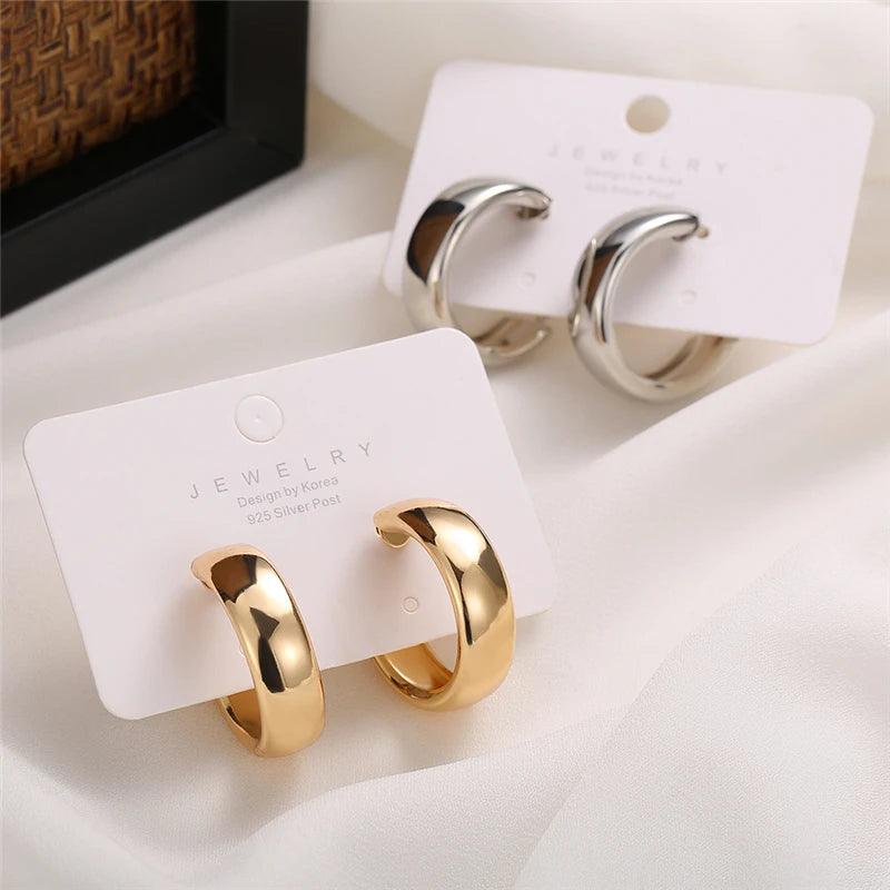 JWER Trendy Simple Silver Color Hoop Earrings For Women Girl Circle Round Minimalist Earrings Party NEW C-shape Jewelry Gifts - CRAVO ROSE