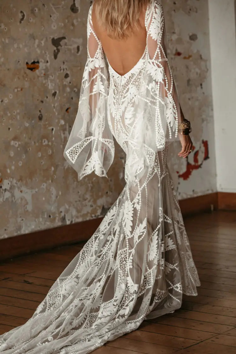 Elegant Mermaid Wedding Dresses Long Sleeves Appliques Lace Bridal Gowns Custom Made Sexy Backless Sweep Train Wedding Dress