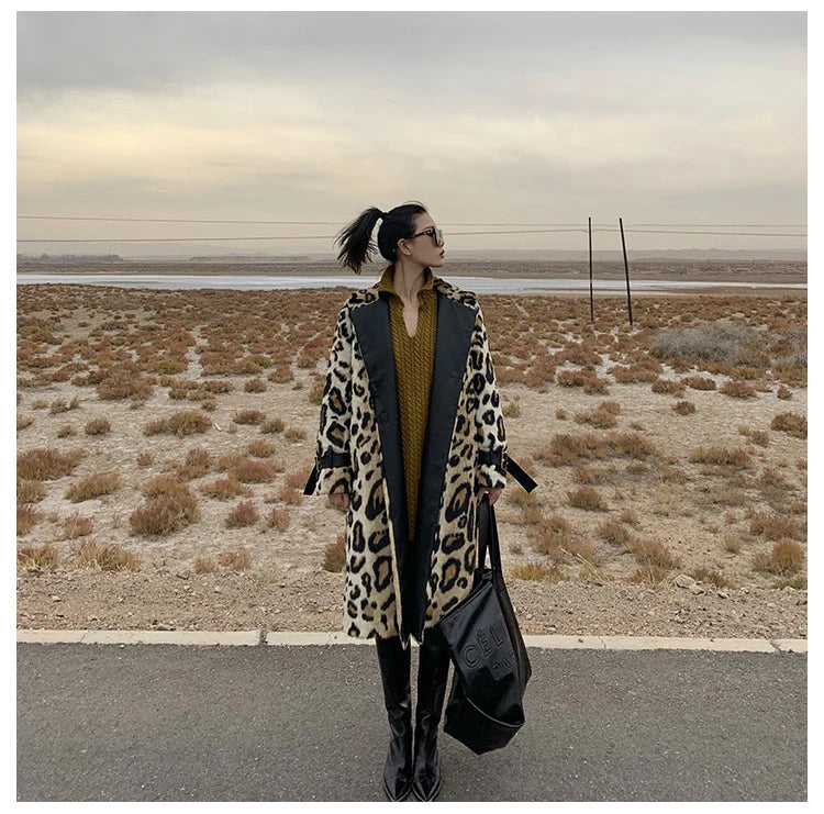 Lautaro Winter Long Leopard Print Warm Fluffy Faux Fur Trench Coat for Women Long Sleeve Double Breasted European Fashion 2021