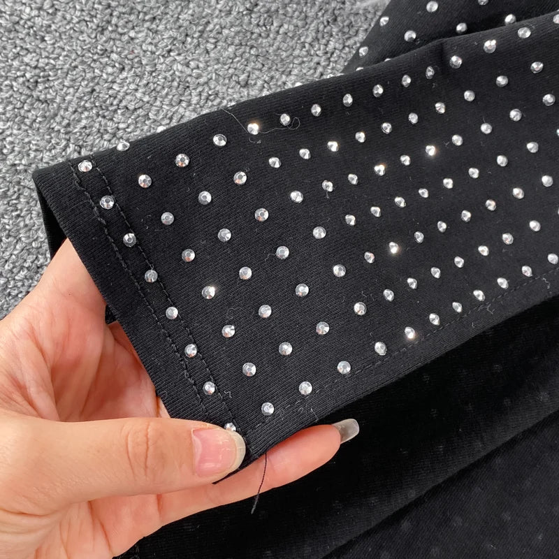 Sexy Black Diamonds 2pcs Set Women Party Sleeveless Short Tops + High Waist Split Skirt Female Two Piece Suits Club Fashion 2021
