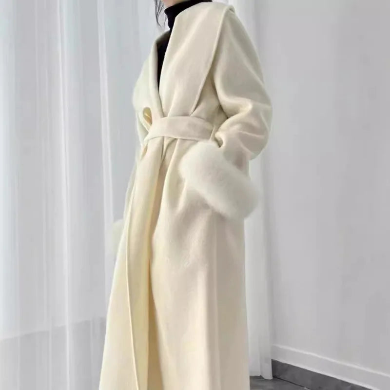 Boutique Inverno Nova Moda Retro Dupla Face Lã Grossa Temperamento Longo Jaqueta Feminina