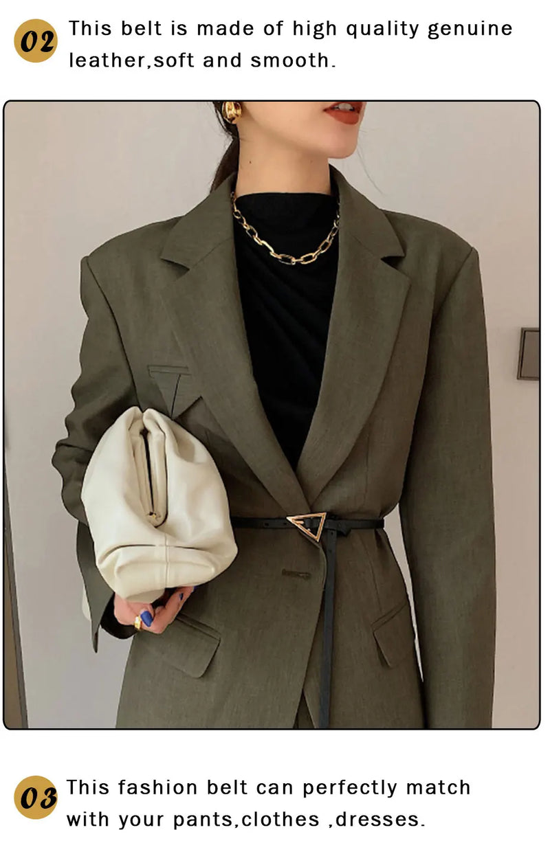 Cinto Fino de Couro Genuíno Vintage Fivela Triângulo Rede Vermelha Calças Femininas Fashion All-match Cós Decorativo