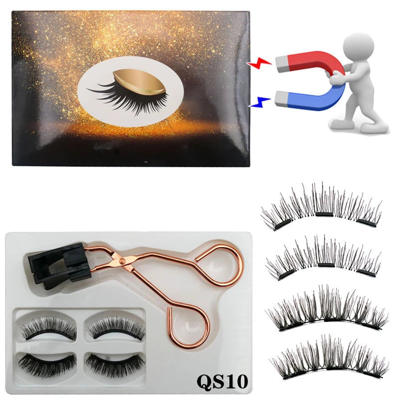 Cílios magnéticos 2 pares de  naturais 3D, 8 peças, cílios postiços magnéticos reutilizáveis feitos à mão com 3 ímãs