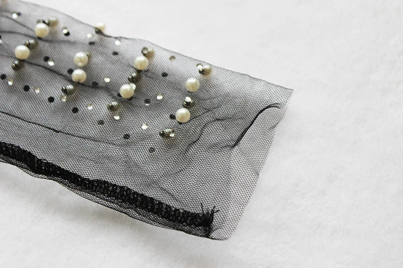 Camiseta feminina sexy transparente Gtpdpllt, malha, patchwork, diamantes, pérolas, slim, tops curtos elegantes, roupas femininas de primavera