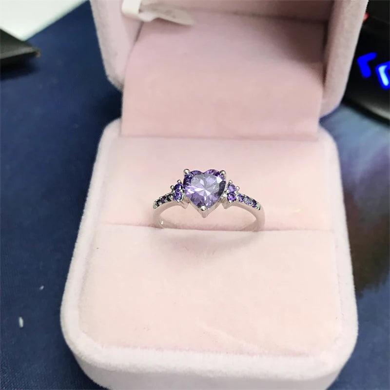 With Credentials Real Tibetan Silver Amethyst Ring Lovely Heart Shape Purple Zircon Crystal Ring for Women Jewelry Romantic Gift - CRAVO ROSE