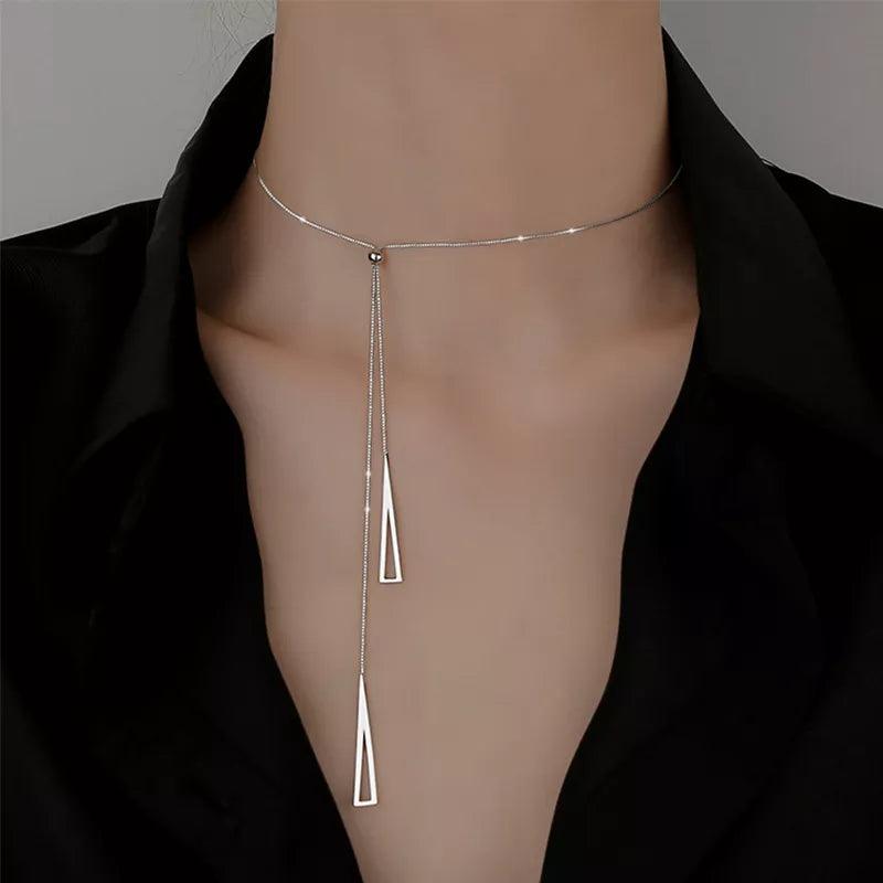 New 925 Sterling Silver Geometric Triangle Necklace for Women Adjustable Clavicle Chain sweater chain Rope chain Jewelry Gifts - CRAVO ROSE