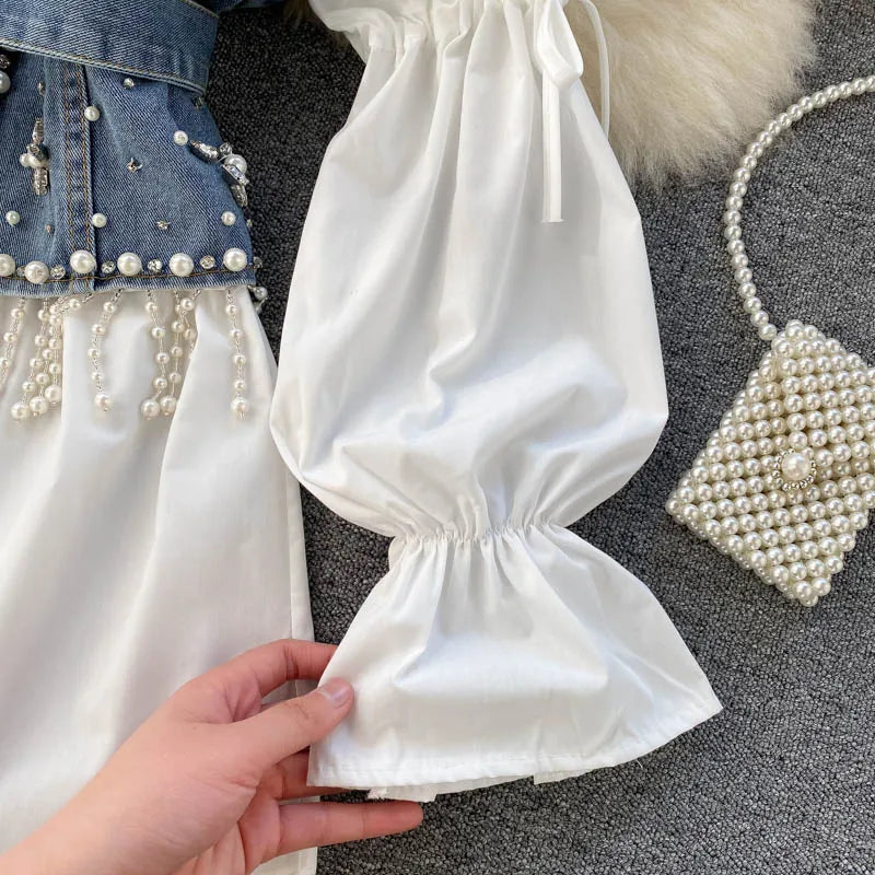 Blusa feminina nova primavera outono com contas de diamantes e manga bufante, top com borlas e pérolas, colete com alça, camisa de duas peças