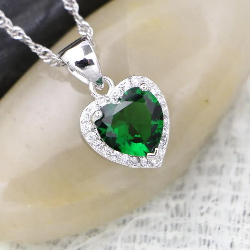 Heart Pendant Necklace Green Cubic Zirconia 925 Silver Jewelry for Women - CRAVO ROSE