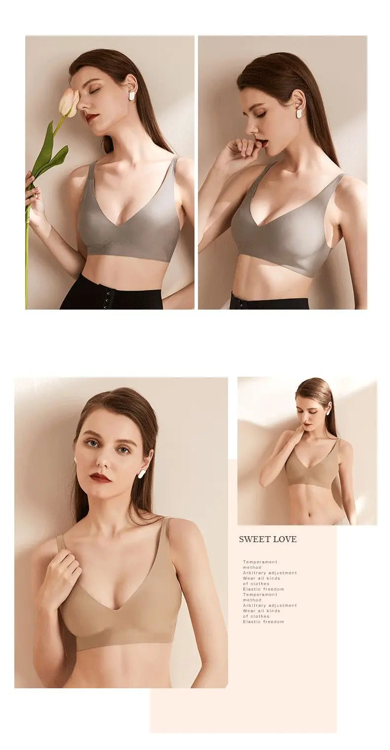 Seamless Women Underwear Sexy V-neck No Steel Ring Small Chest Gathered Adjustable Support  Small Comfortable Thin Top Bra