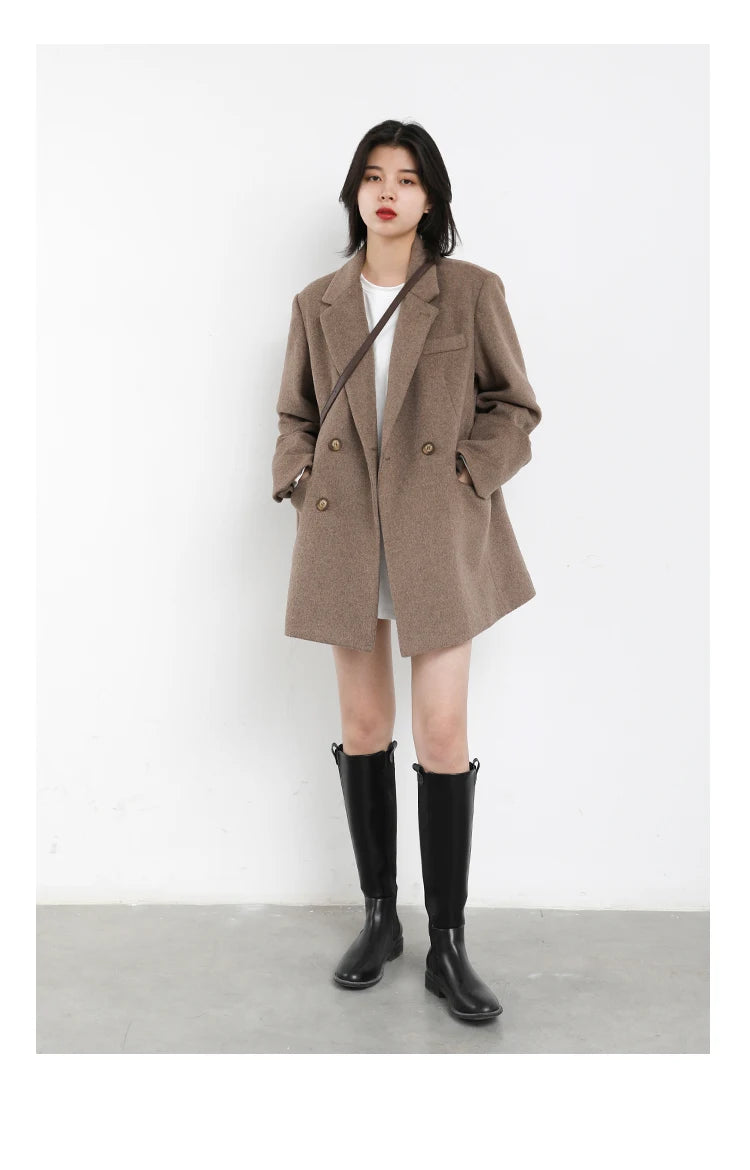 Casaco de lã feminino CHIC VEN, blazer longo de lã, blusa grossa e quente, sobretudo feminino, blusa feminina para escritório, outono e inverno