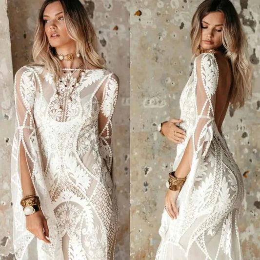 Elegant Mermaid Wedding Dresses Long Sleeves Appliques Lace Bridal Gowns Custom Made Sexy Backless Sweep Train Wedding Dress