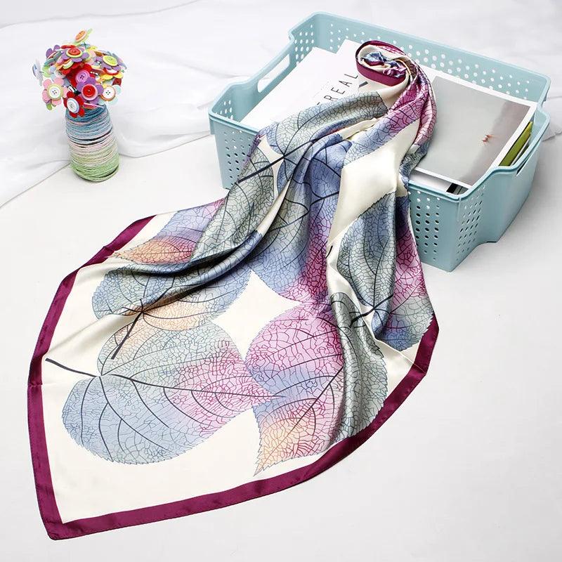 QLUKEOYY Silk Scarf Women 2021 New 90cm Silk Simulation Small Square Scarves Leaf Print Shawl Kerchief Coverchief Headcloth - CRAVO ROSE