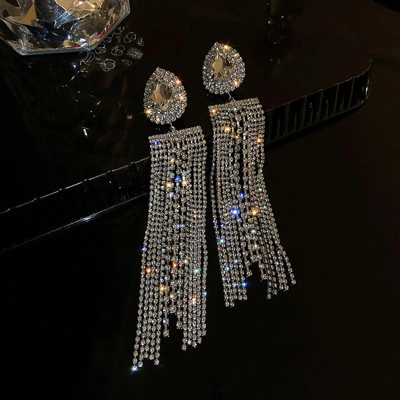 XIALUOKE Black Colorful Water Drop Crystal Earrings Oversize Long Tassel Rhinestone Dangle Earring For Women Statement Jewelry