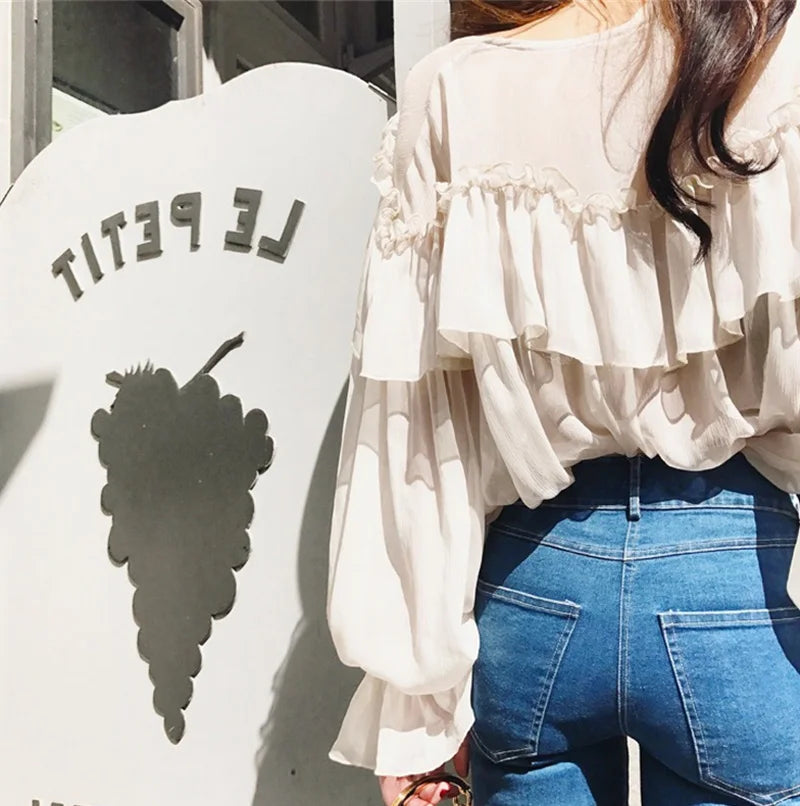 Blusa feminina sexy com decote em V, transparente, estilo boho, de malha, com babados, manga larga, elegante, peplum, com babados, blusa feminina 13459