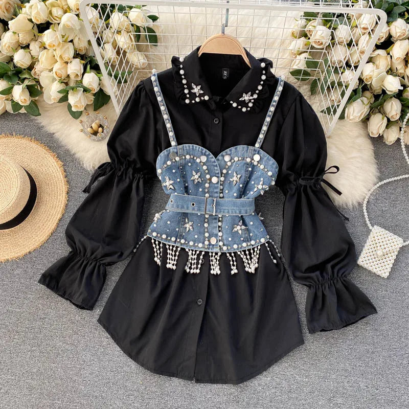 Blusa feminina nova primavera outono com contas de diamantes e manga bufante, top com borlas e pérolas, colete com alça, camisa de duas peças