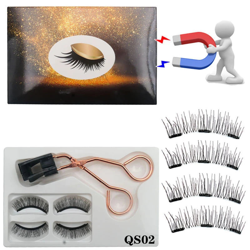 Cílios magnéticos 2 pares de  naturais 3D, 8 peças, cílios postiços magnéticos reutilizáveis feitos à mão com 3 ímãs