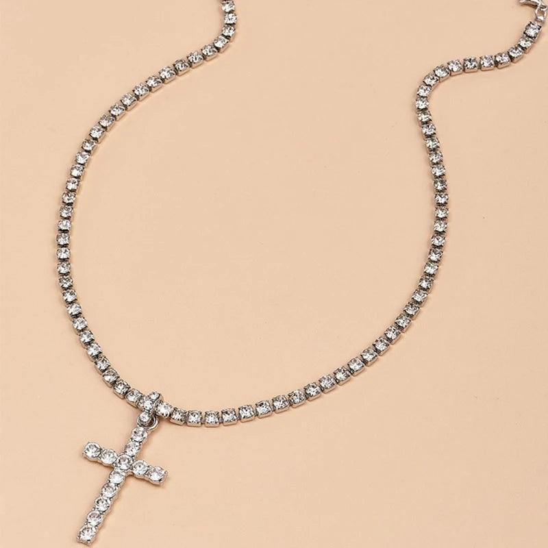 Shiny White Crystals Cross Pendant Necklace Holy Crystals Cross Pendant with Rhinstone Chain Unisex Fashion Jewelry - CRAVO ROSE