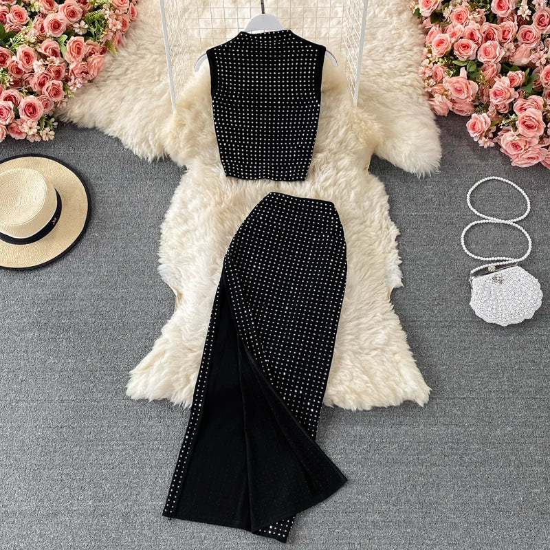 Sexy Black Diamonds 2pcs Set Women Party Sleeveless Short Tops + High Waist Split Skirt Female Two Piece Suits Club Fashion 2021