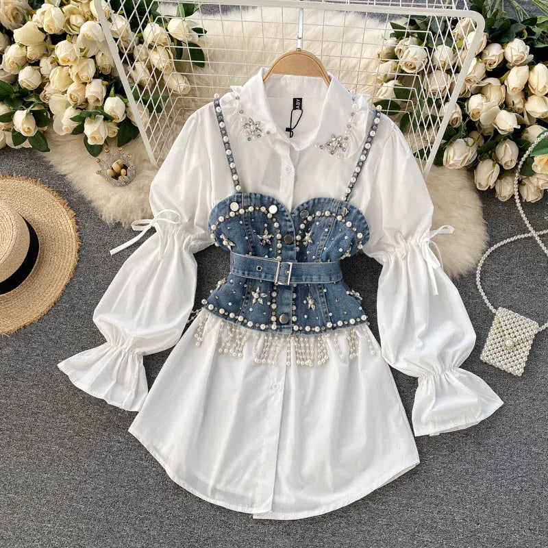 Blusa feminina nova primavera outono com contas de diamantes e manga bufante, top com borlas e pérolas, colete com alça, camisa de duas peças