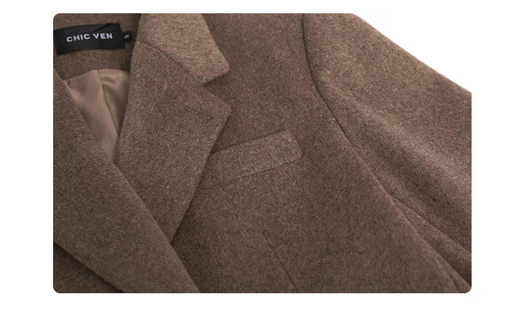 Casaco de lã feminino CHIC VEN, blazer longo de lã, blusa grossa e quente, sobretudo feminino, blusa feminina para escritório, outono e inverno