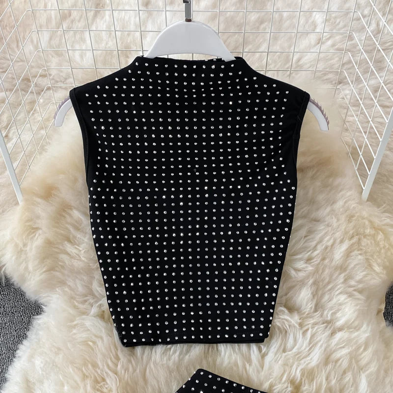 Sexy Black Diamonds 2pcs Set Women Party Sleeveless Short Tops + High Waist Split Skirt Female Two Piece Suits Club Fashion 2021