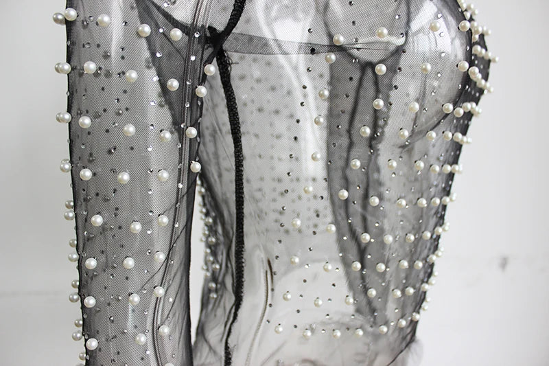 Camiseta feminina sexy transparente Gtpdpllt, malha, patchwork, diamantes, pérolas, slim, tops curtos elegantes, roupas femininas de primavera