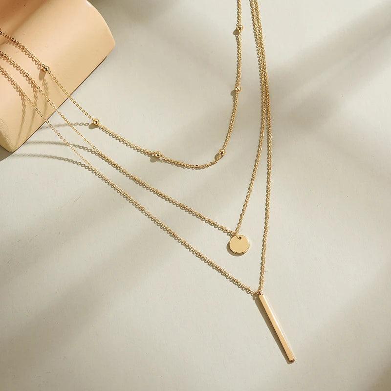 925 Sterling Silver Gold Color Simple Three Layers Necklace Smooth Long Strip Pendants Women Wedding Gift Fine Accessories - CRAVO ROSE