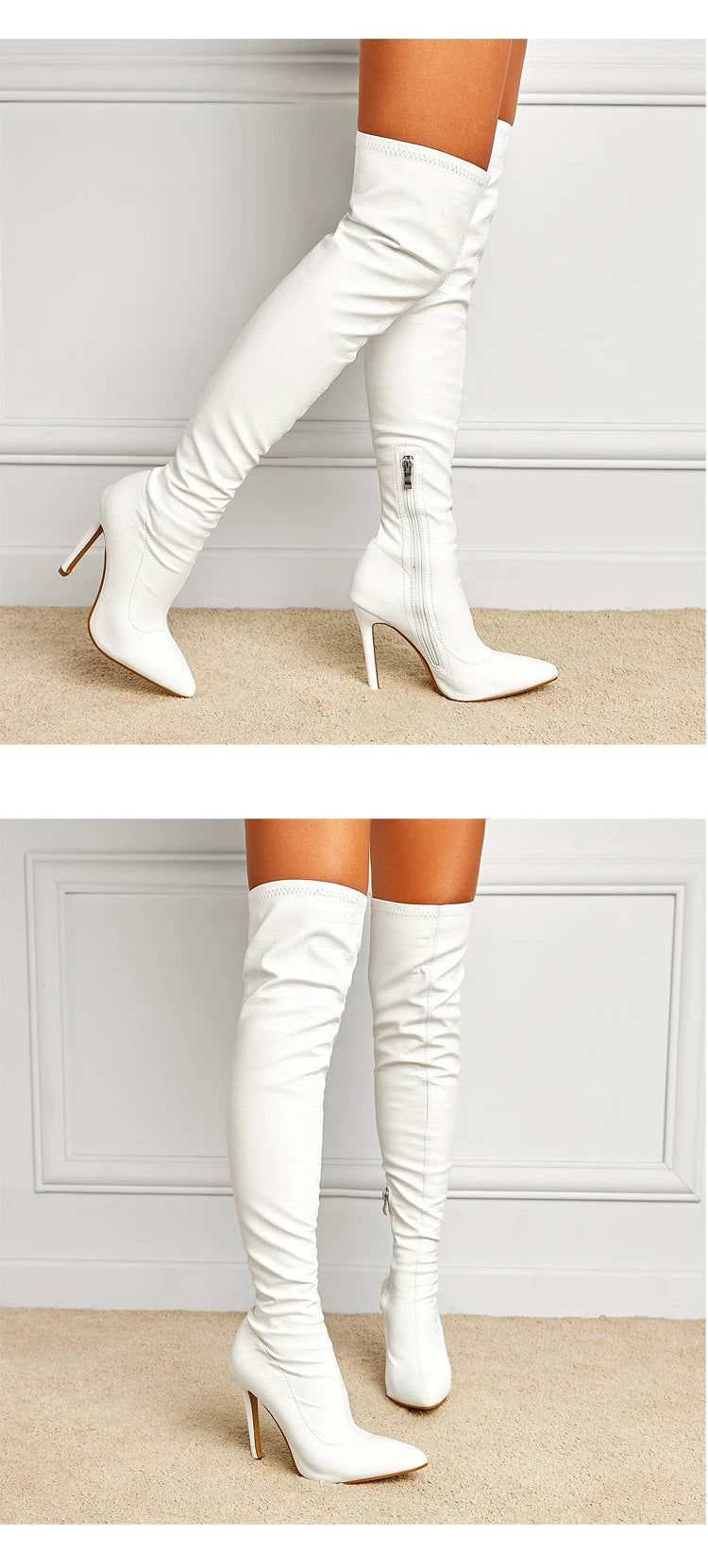 Botas Femininas Listradas de Salto Fino de 11 CM  Sexy Acima do Joelho com Zíper Lateral e Bico Fino