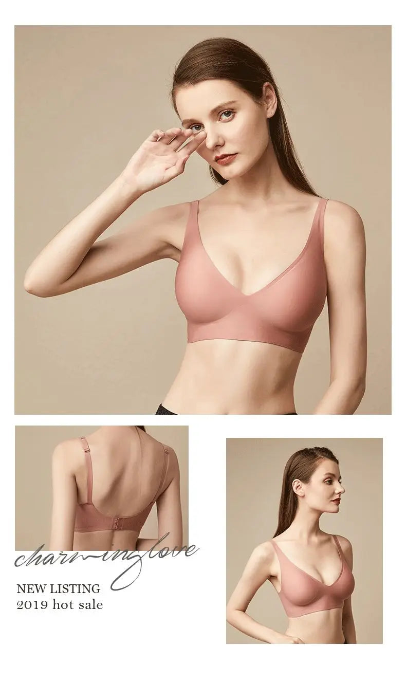 Seamless Women Underwear Sexy V-neck No Steel Ring Small Chest Gathered Adjustable Support  Small Comfortable Thin Top Bra