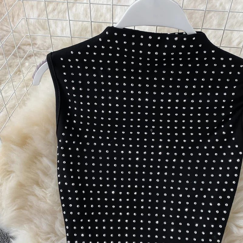 Sexy Black Diamonds 2pcs Set Women Party Sleeveless Short Tops + High Waist Split Skirt Female Two Piece Suits Club Fashion 2021