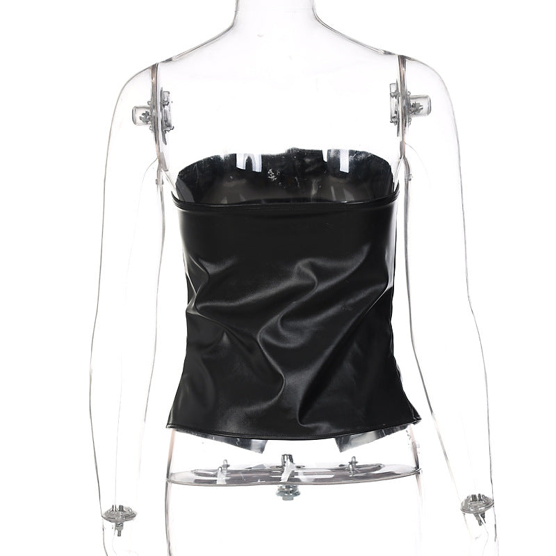 Wsevypo Preto PU Sem Alças Feminino Ombro A Ombro Botões Regatas Estilo Rua Gótico Sexy Corpete Tops Corpetes de Couro Sintético