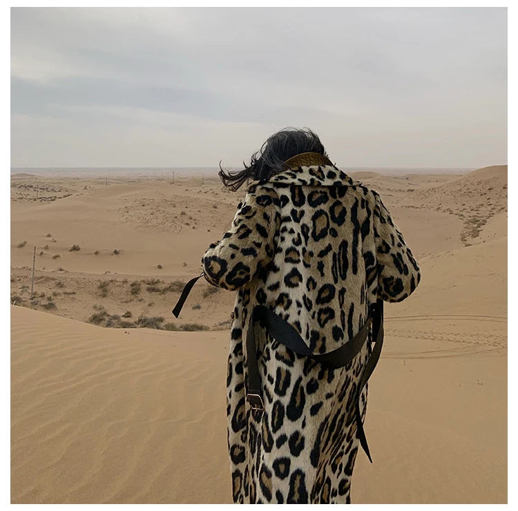 Lautaro Winter Long Leopard Print Warm Fluffy Faux Fur Trench Coat for Women Long Sleeve Double Breasted European Fashion 2021