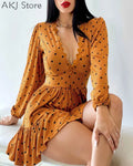 Women Lantern Sleeve Plunge Polka Dot Print Floral Ruffles Dress - CRAVO ROSE