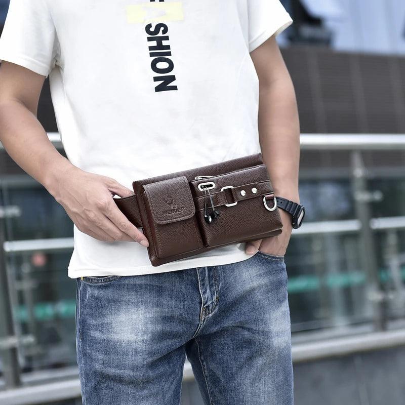 Men's Waist Packs Fanny Bags Solid Color Multipurpose PU Leather Chest Bag Fashion Black/Brown Crossbody Bag - CRAVO ROSE