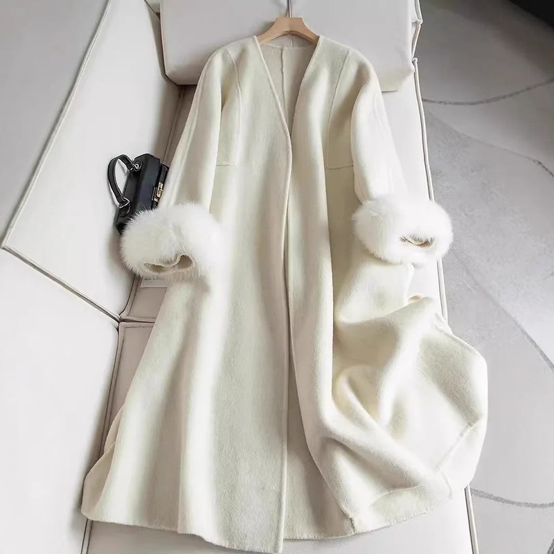 Casaco de lã com punho de pele de raposa, novo, solto, outono e inverno , casaco de caxemira feminino