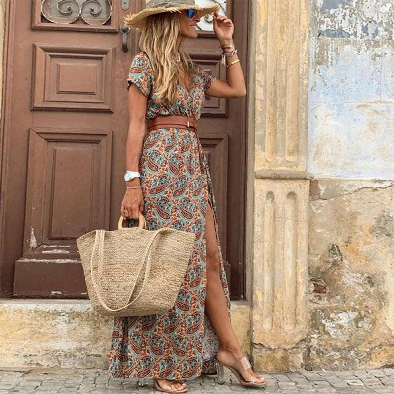 Boho Mulheres V Neck Manga Curta Paisley Imprimir Cinto Grande Bainha Praia Vestido Longo Vestido Estampado Vestido de Praia de Verão com Cinto