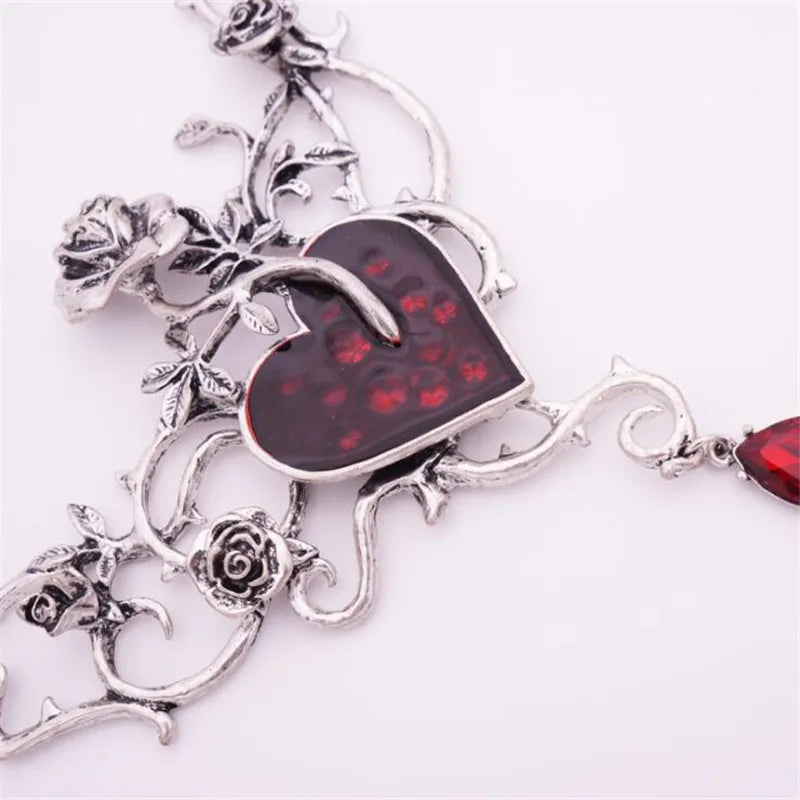 Women Jewelry Set Red Heart Rose Flower Necklace Ear Studs Sets Goth Jewelry Retro Choker Earring Halloween Xmas Gift