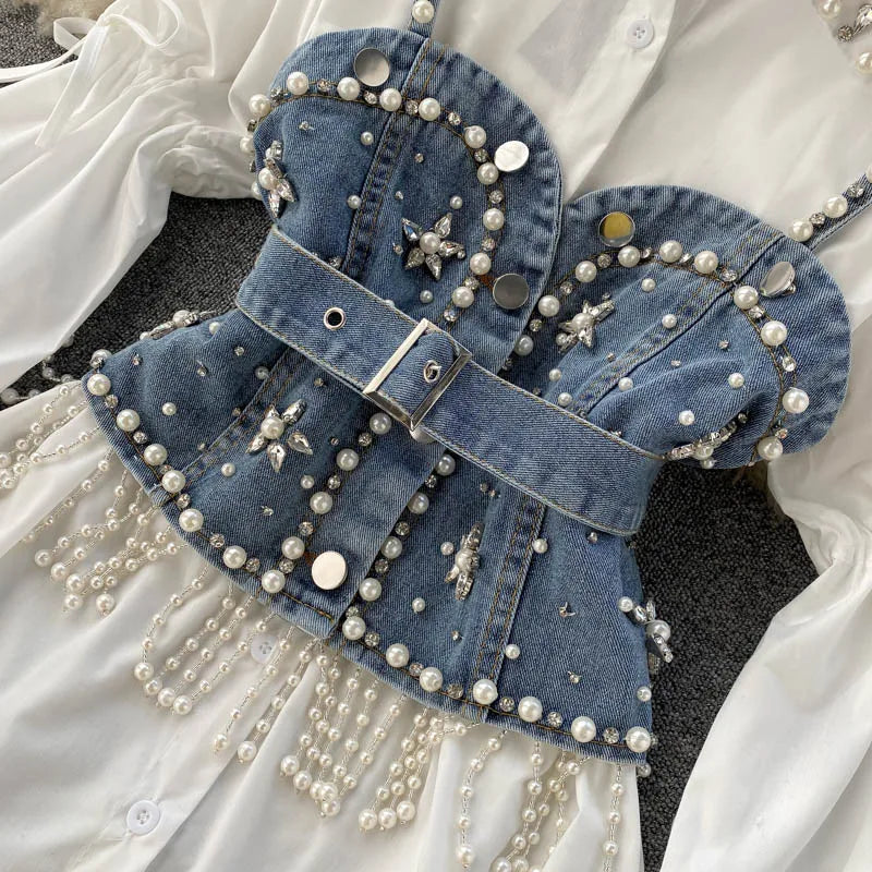 Blusa feminina nova primavera outono com contas de diamantes e manga bufante, top com borlas e pérolas, colete com alça, camisa de duas peças