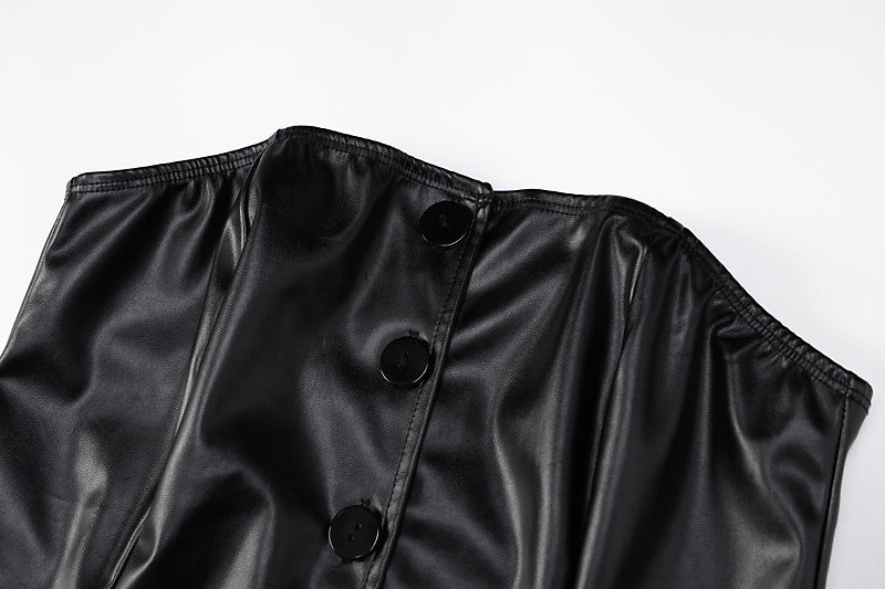 Wsevypo Preto PU Sem Alças Feminino Ombro A Ombro Botões Regatas Estilo Rua Gótico Sexy Corpete Tops Corpetes de Couro Sintético