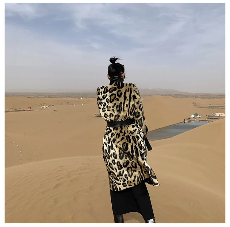 Lautaro Winter Long Leopard Print Warm Fluffy Faux Fur Trench Coat for Women Long Sleeve Double Breasted European Fashion 2021