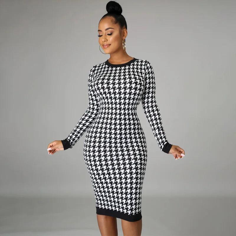 Houndstooth Print Women Long Sleeve Midi Dress Hollow Out Bodycon Sexy Streetwear 2024 Autumn Winter Club Elegant Slim - CRAVO ROSE