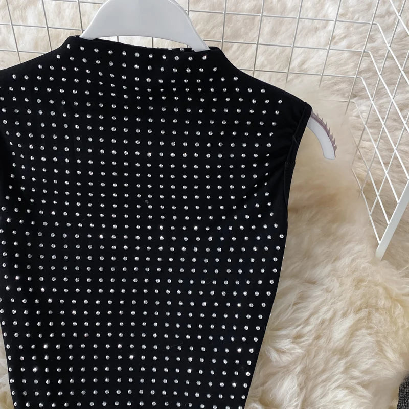 Sexy Black Diamonds 2pcs Set Women Party Sleeveless Short Tops + High Waist Split Skirt Female Two Piece Suits Club Fashion 2021
