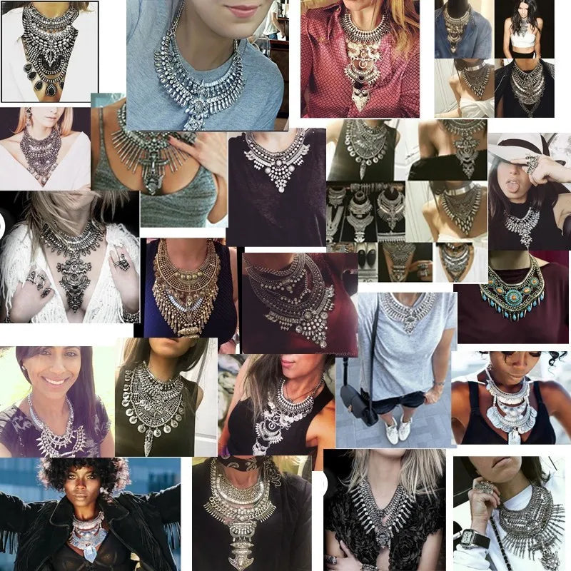 Indian Fashion Silver Plated Vintage Statement Large Necklace Women Boho Ethnic Maxi Big Collar Chunky Choker Necklace Jewelry
